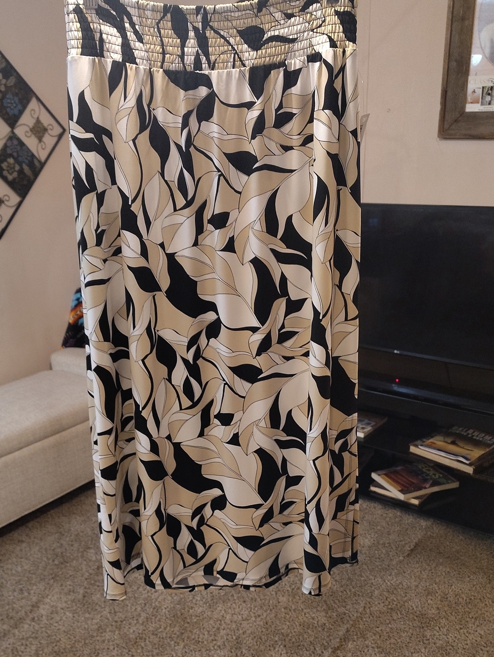 Chico's Black and Cream Leaf-Print Maxi Dress